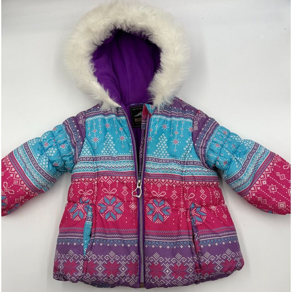 Pacific Trail Kids Faux Fur Hoodie Multicolor Nordic Puffer Jacket Sz 24 Mo 2T